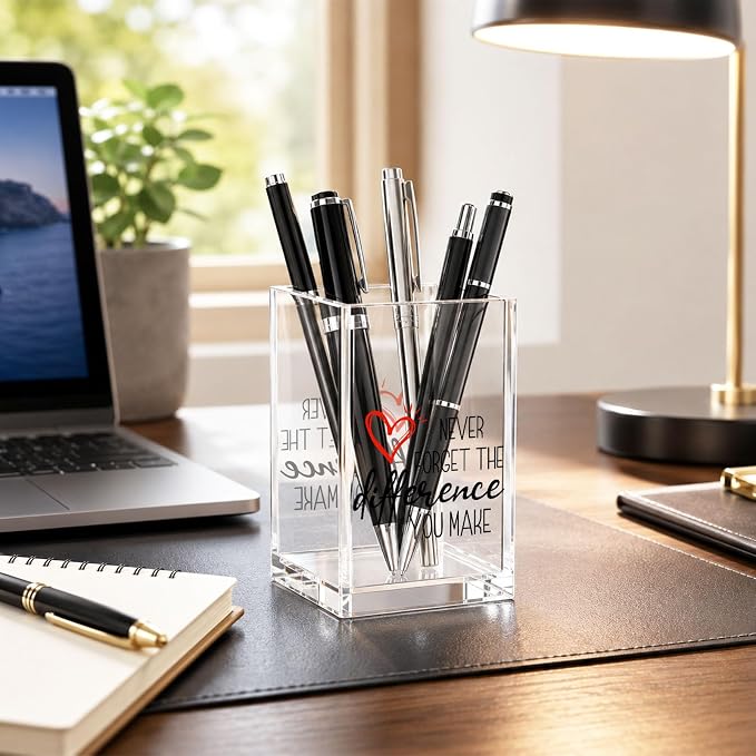 Acrylic Pen Holder Cup, “Never Forget the Difference You Make” Desk Decor, Inspirational Pencil Holder Organizer, Motivational Gift for Women Teacher Coworker