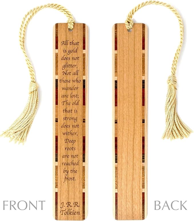 J.R.R. Tolkien Wander Quote Wooden Bookmark | Not All Those Who Wander are Lost Literary Quote Gift for Readers | Handmade Wood Bookmark with Gold Tassel | Made in the USA