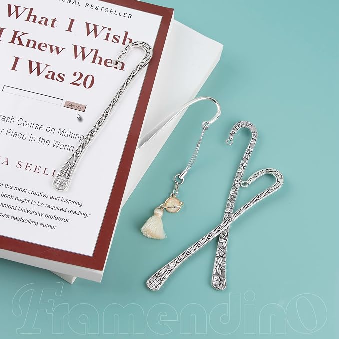 Framendino, 12 Pack Metal Bookmark Hairpin Hook Antique Tibetan Silver Carved Book Marks with Loop for Crafting