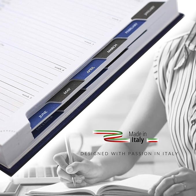 Leather Executive Daily Planner 2026 – A5-Compatible (8.3 x 5.9 in), One Page per Day Hourly Business Agenda, 416 Pages, Monthly Tabs, Hardcover – Made in Italy (BLUE 2025)