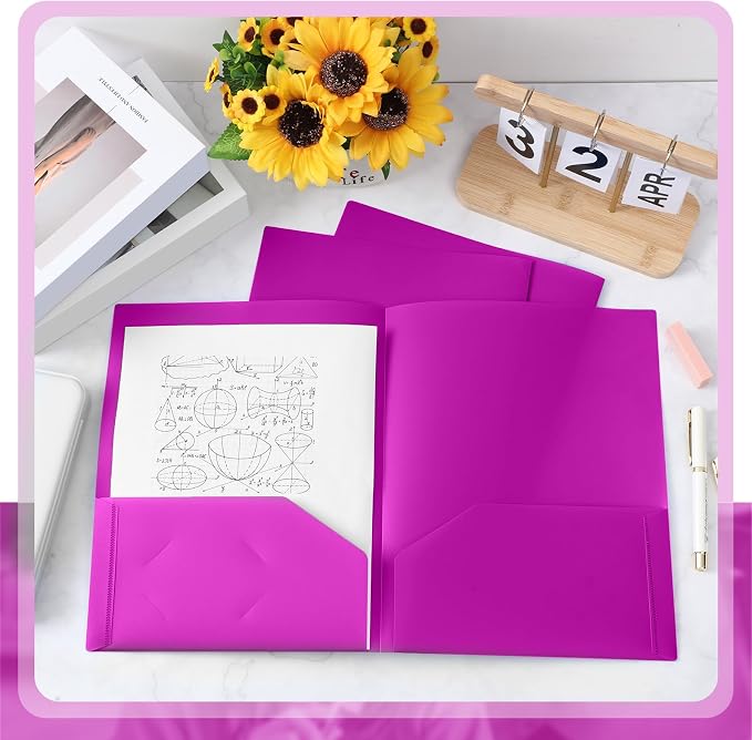 Gueevin 100 Pack Plastic Folder with Pockets, 2 Pocket Folders, Plastic Glossy Folders Fit Letter Size Paper, Heavy Duty Durable File Folder with Business Card for Home Office School (Neon Purple)