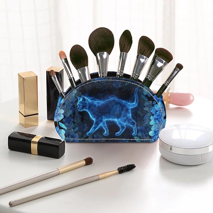 Forchrinse Blue Cat Print Remote Control Holder,Leather Makeup Organizer with 5 Compartments,Table Decor Storage Remote Caddy for Home Office