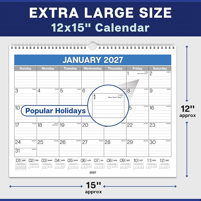 Dunwell 2026-2027 Wall Calendar 12x15 (Blue), July 2026 to December 2027, 12 x 15 Large Lined Monthly Academic Hanging Calendar, Professional Style for Home, Office, School or Organization