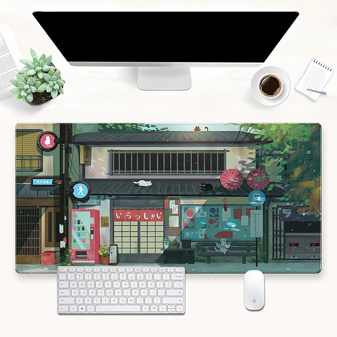 Kawaii Anime Cat Gaming Desk Mat Pad, Vibrant Green, XL 31.5"x15.7" | Mouse & Keyboard Pad, Stitched Edge, For Home Office & Computer Gaming Setup