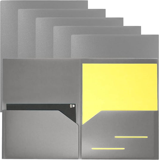 Youngever 6 Pack Heavy Duty Plastic Two Pocket Folders, Heavy Duty Plastic 2 Pocket Folder (Grey)