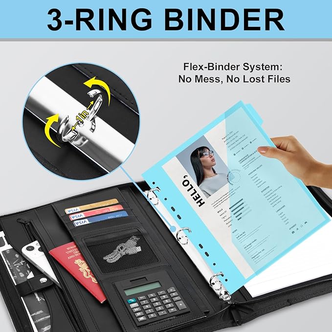 Eshow Portfolio Organizer - 3 Ring Binder with Zipper, Vegan Leather Business Padfolio Folder with Notepad Includes 5 Color Sheet Protectors for Documents Files for Men Women