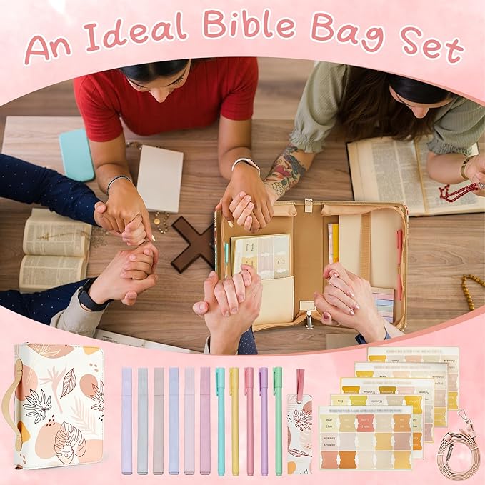 19PCS Leaves Design Leather Bible Cover for Women Boho Bible Cover Cases for Teen Girls Christmas Gift Christian Church Carrying Bag Journaling Kit with Shoulder Strap Highlighter Pens Book Marker