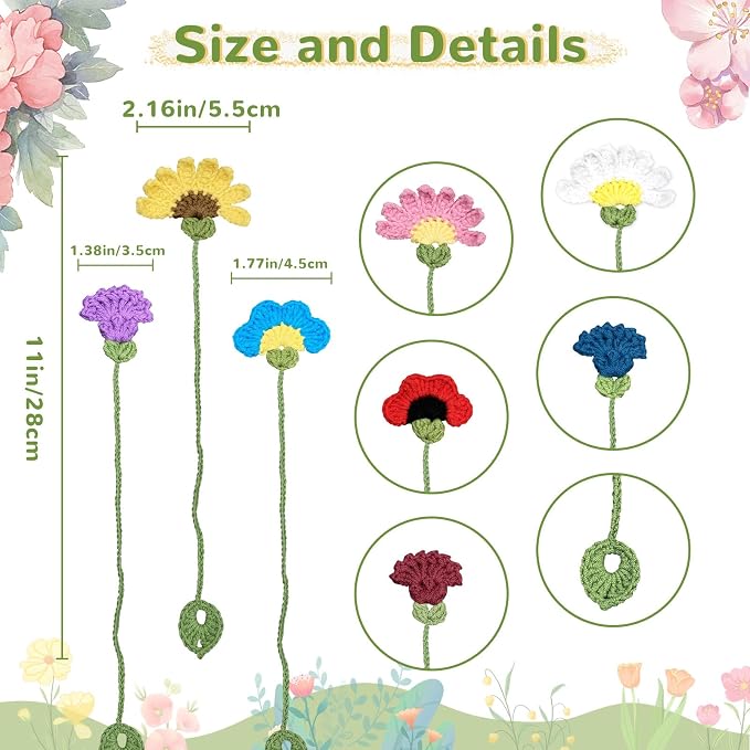 8 Pack Crochet Flower Bookmarks for Women,Handmade Personalized Cute Bookmarks,Gifts for Book Lovers and Teachers,Bag Charms,Keychain