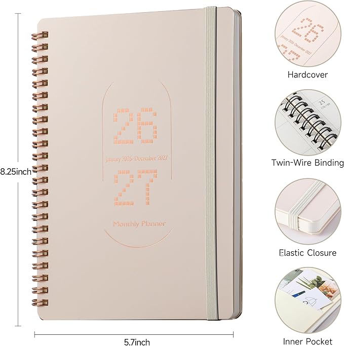 2026-2027 Monthly Planner-A5 Size Calendar Planner -Thick 120g Paper | Hard Cover with Elastic Band and Inner Pocket |Planner For Women,Men | Perfect for Office Home School Supplies & Personal Organizer (Beige)