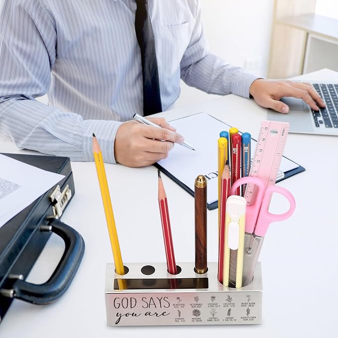 YODOCAMP God Says You Are Pen and Pencil Holder, Inspirational Desk Organizer with Bible Verses, Christian Gifts for Women, Teachers, and Leaders, Religious Appreciation Gift for Office Desk TZC76