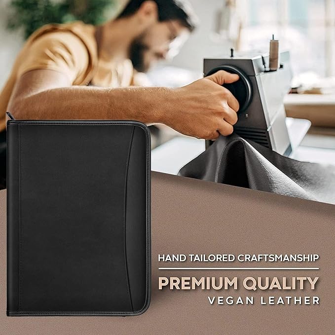 Zippered Portfolio Organizer/ A4 Refillable Lined Writing Notepad Folder Case/Textured UltraHyde-Covered Padfolio Binder with Interior Storage Pocket for Men Women.Textured UltraHyde Black