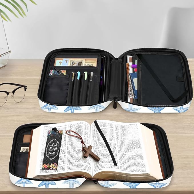 Summer Beach Starfish Ocean Blue and White Bible Cover Case Carrying Book Protector Case Bible Study Supplies Accessories Holder Case Christian Gift for Women Men