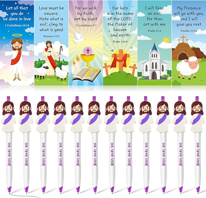 CroBlissful 48 Pcs Easter Pens Jesus Pens Bulk Christian Gift for Kid Jesus Loves You Sunday School Prize Religious Easter Gift Bible Verse Ballpoint Pen with Bookmarks for Catholic(Retro Style)