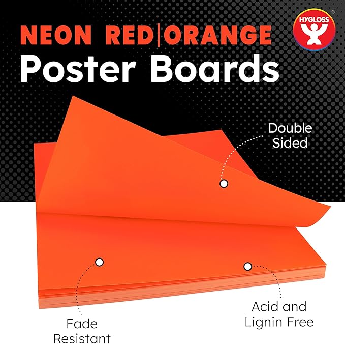 Hygloss Medium Poster Board 11x14 - 25 Neon Red-Orange Single Color Poster Boards Bulk Pack - 10 Pt. Thickness Colored Poster Board Paper for Project, Signs, Displays - Posterboard Multipack 11" x 14"