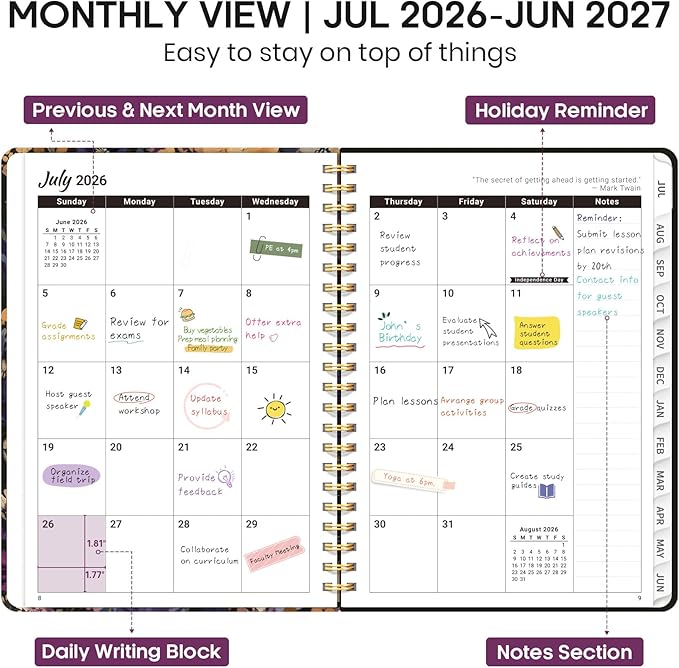 Academic Planner 2026-2027, Weekly and Monthly Calendar Book, July 2026 – June 2027, Hardcover Planner with Tabs, Perfect for Teachers, Students, Women & Men, A4 (8.5" x 11") - Midnight Bloom