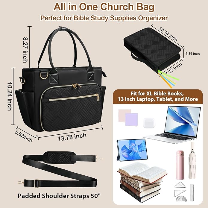 Veirdro Large Bible Tote Bag with Bible Cover Case for Women, Portable Church Bag with 13 Inch Laptop Compartment& 14 Pen Slots, Quilted Bible Purse with Shoulder Strap for Bible Study Supplies, Black