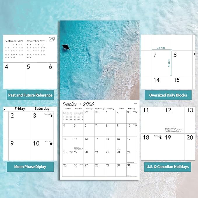 2026 Wall Calendar BEACHES, 12 Months Hangable Wall Calendars, Beach Calendars 2026, 12" x 24" (Open), Thick Glossy Paper, Organizing & Planning