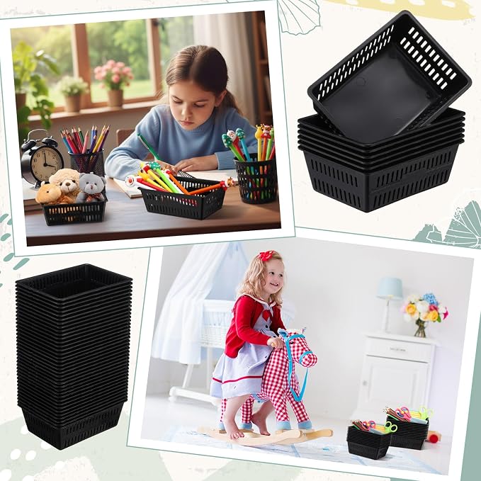 Sherr 36 Pack Classroom Storage Basket Small Plastic Basket for Organizing Crayon Pencil Container Storage Bin Tray Holder for Paper Shelf Back to School Office Supply 6.1" l x 4.3" w x 2.4" h(Black)