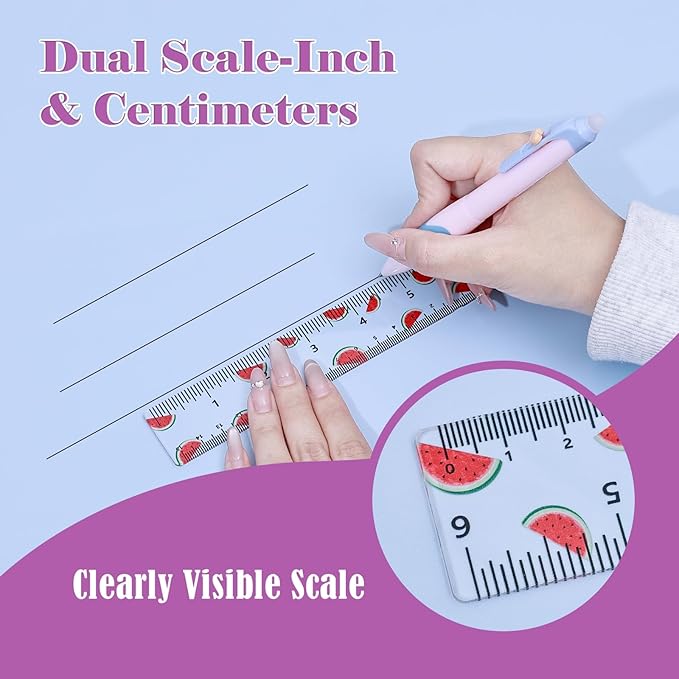 BAYTORY 4Pcs Transparent Acrylic Ruler 6 Inch, Clear Plastic Straight Rulers, Shatterproof Student Stationery Centimeters with Inches, for Classroom Essentials School Supplies (Fruit 6 Inch)