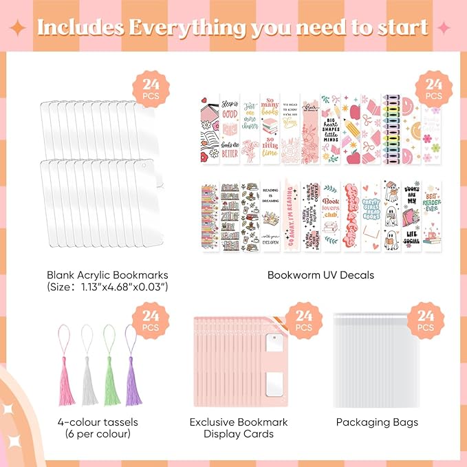 Kaciola 24PCS Acrylic Bookmark Blanks with 24PCS Booklover Theme UV DTF Stickers and 4 Colors Tassels,Blank Bookmarks UV DTF Transfers Stickers for DIY Crafts Hanging Tag Gift Bookmarks DIY