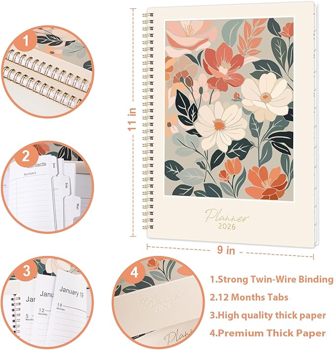 2026 Planner - Planner 2026, 2026 Planner Weekly and Monthly, Jan. 2026 - Dec. 2026, 8.5" x 11" Calendar Planner with 12 Monthly Tabs, Inner Pocket, Daily Organizer