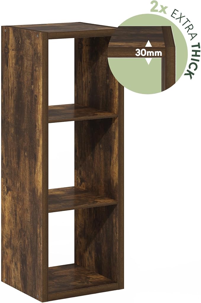 Furinno Cubicle Book Shelf, 3-Cube Bookshelf, Extra Thick Frame Horizontally & Vertically Reversible Bookcase with Open Back, 14.6" x 16" x 44", for Living Room, Bedroom, Home Office, Amber Pine
