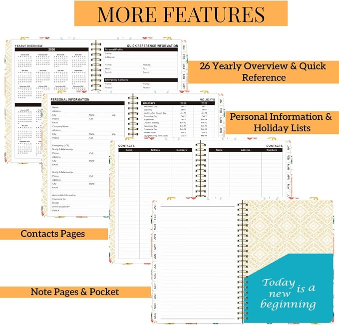 2026 Planner Weekly and Monthly,Jan 2026 to Dec 2026,A5 Hardcover Academic Appointment Book with Tabs,100GSM Thick Paper,Back Pocket & Bookmark Ruler,Cute Floral Butterfly Agenda for Women Teachers Students
