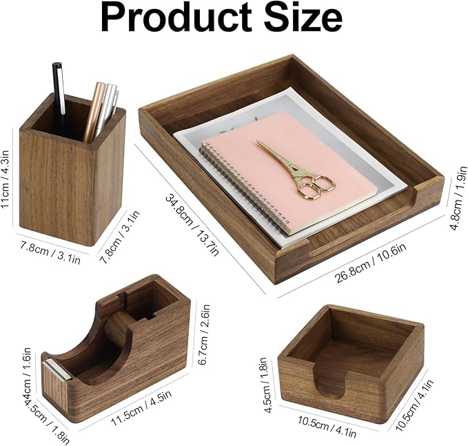 MultiBey 4PCS Walnut Wood Office Supplies Set, North America Black Walnut Lettle Tray and Tape Dispenser Organizer Wood Desk Accessories Sticky Notes Memo Pad Holder and Pencil Holder