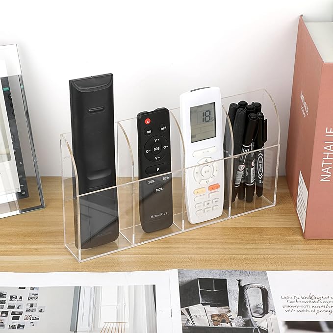 Hipiwe Wall Mount Remote Control Holder Clear Acrylic Media Organizer Remote Control Caddy Wall Pencil Holder Storage Box for Remote Control, Pens, Makeup, Key (4 Compartments)