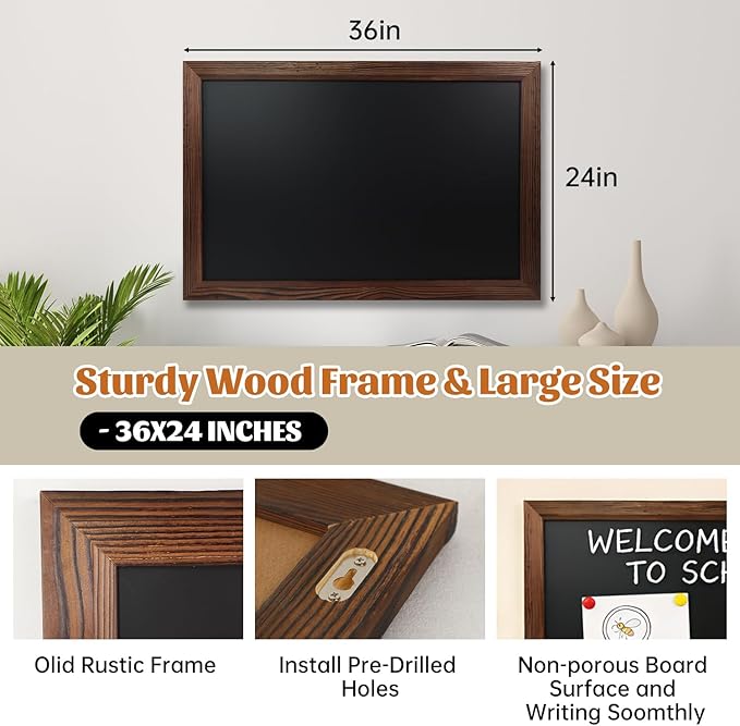 Magnetic Chalkboard for Wall, 24 x 36 Inch Solid Wood Framed Brown Magnetic Board, Wall Mounted Chalk Board for Kitchen, Restaurant, Food Truck and Calendar Board