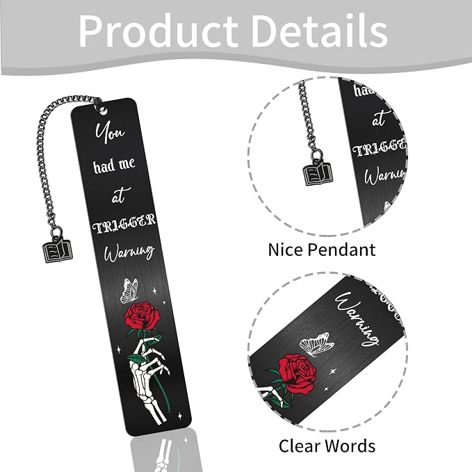 Dark Romance Metal Bookmarks for Women, 2 Pcs Gothic Skull Rose Book Mark with Chain Pendant, Vintage Aesthetic Book Marker Clips for Readers Book Lovers Gifts Dark Romance Merch Christmas Stuffer