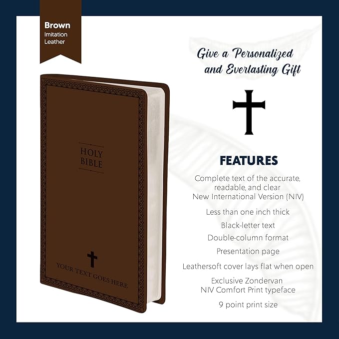 Personalized NIV Thinline Holy Bible with Custom Name Includes Up to 3 Rows of Text Debossed Imprinted on Faux Leather Cover | Custom Gift for Christian & Religious Celebrations (Brown)