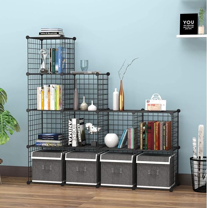 HUBSON Wire Cube Storage Organizer, Book/Toy/Craft/Potted Plants and petCloset Organizers and Storage Shelves, 9-Cube Freely Combinable Metal Grids Storage Shelf,Black Iron