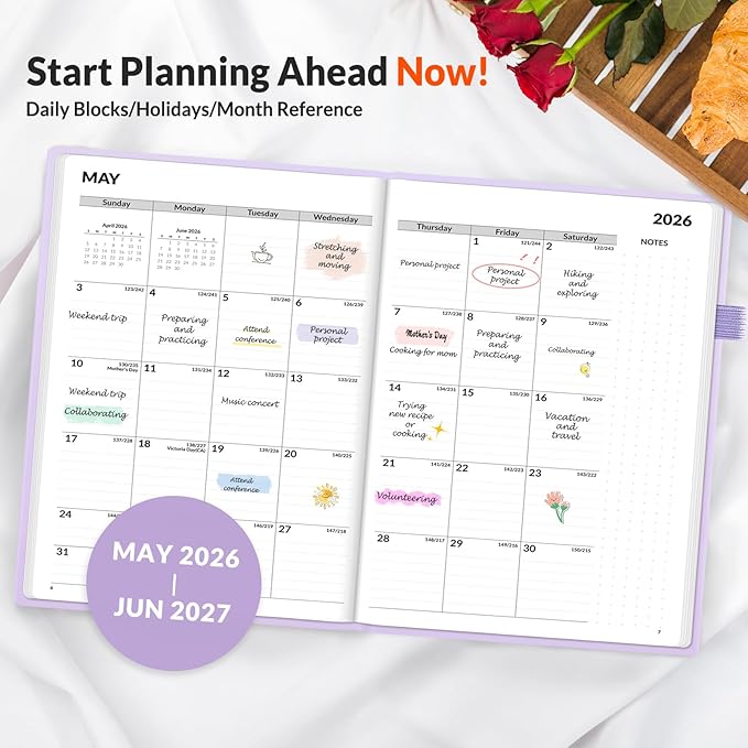 SUNEE 2026-2027 Weekly & Monthly Hardcover Planner 5.5" x 8.3" - 12 Month (July 2026 - June 2027), Small Academic Year Calendar Planner, Pocket, Notes, 100 GSM Paper, Purple