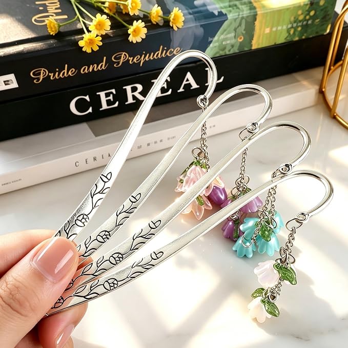 4PCS Bookmarks for Women Reading Metal Book Mark for Readers Book Lovers Aesthetic Cute Bookmarks Silver Personalized Floral Bookmark with Pendants Pretty Book Accessories Reading Gifts
