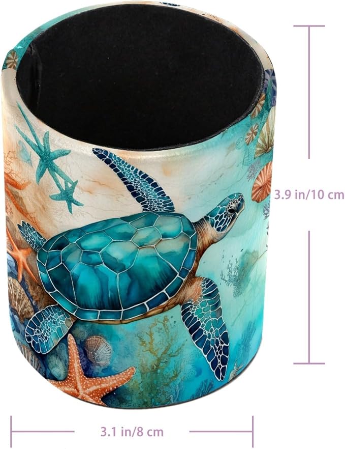 Ocean Turtles and Starfish Pen Holder Pencil Organizer for Desk, 3.1”x 3.1”x3.9” Pencil Cup Office Supplies, Large Capacity Cute Pen and Makeup Brush Holder for School, Desktop