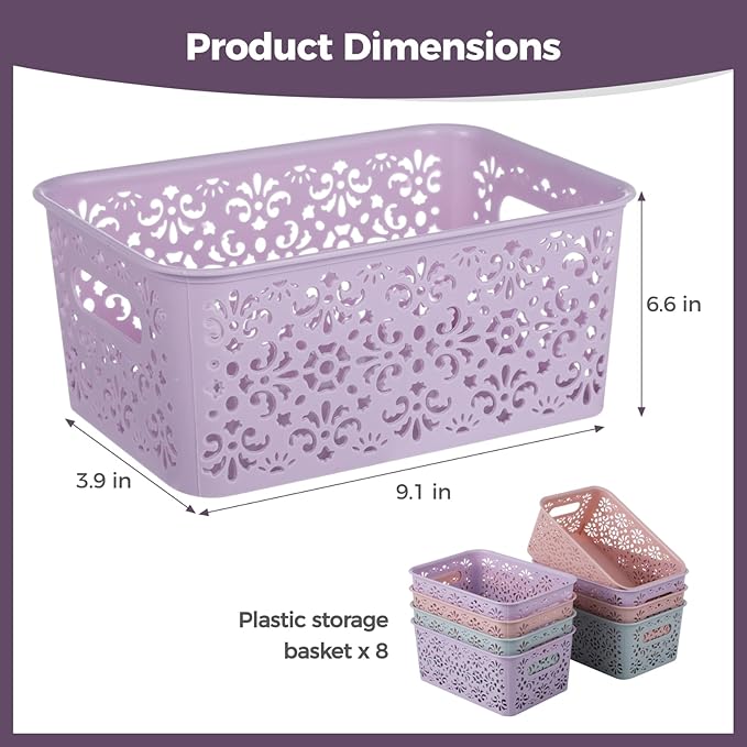 8 PCS Plastic Storage Baskets, Bathroom Basket Organizers with Handle, Portable Hollow Storage Baskets, Stackable Bins for Home Bathroom Office School Flower Pattern