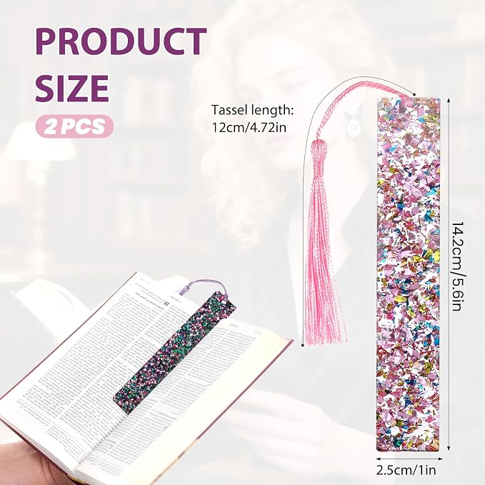 2 Pcs Tassel Bookmarks Girls Resin Glitter Bookmarks for Women Pink Purple Glitter Acrylic Bookmark with Colorful Silk Tassels for Women Girls Book Lovers Reading Presents