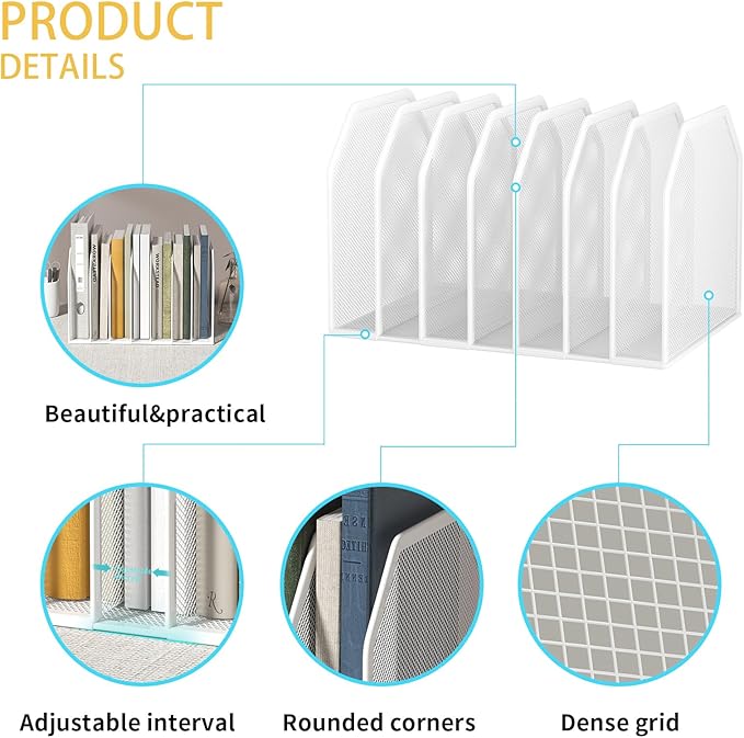 FANXIYQ White 7-Section File Folder Organizer for Desk, Metal Vertical File Holder Stand, Desktop File Organizer Rack for Letter/A4 Folders, Papers, Books, Office Classroom Home