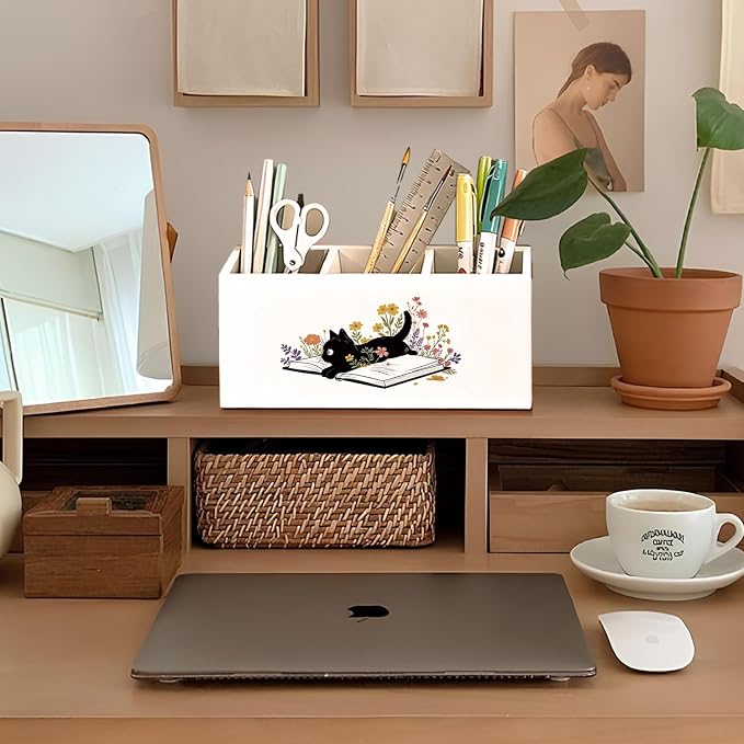 Black Cat Pen Holder, Book Lovers Reader Gifts Pencil Holder for Desk, Black Cat Lovers Gifts for Women, Floral Book Wooden Box Sign Decorations for Reading Room Corner Nook Desk Tabletop