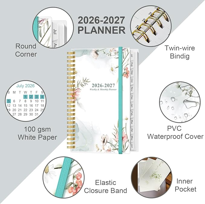 2026-2027 Pocket Planner/Calendar - 2026-2027 Weekly & Monthly Planner from July 2026 to June 2027, 12 Months Tabs, 3.75" x 6.75", Pink Flower