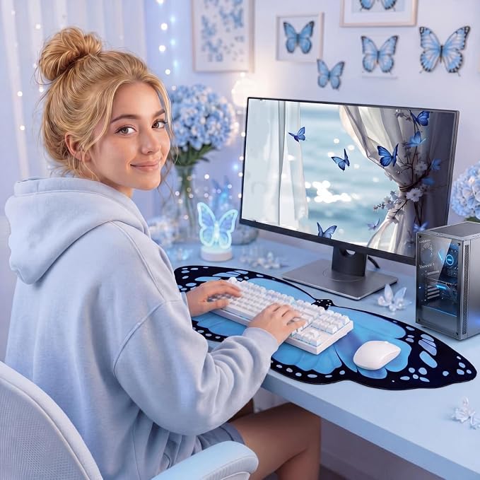 Tellegloww Large Blue Butterfly Gaming Mouse Pad Desk Mat Decorative Butterfly Keyboard Desk Mat with Non-Slip Base Table Accessories for Office Home Study 35.43 x 15.75 Inches