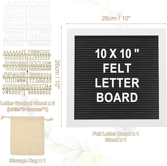 PATIKIL Felt Letter Board, 10x10Inches Black White Wooden Changeable Message Board with Storage Bag Stand for Kitchen Menu Classroom Farmhouse Decor Notes, White Bronze Letter