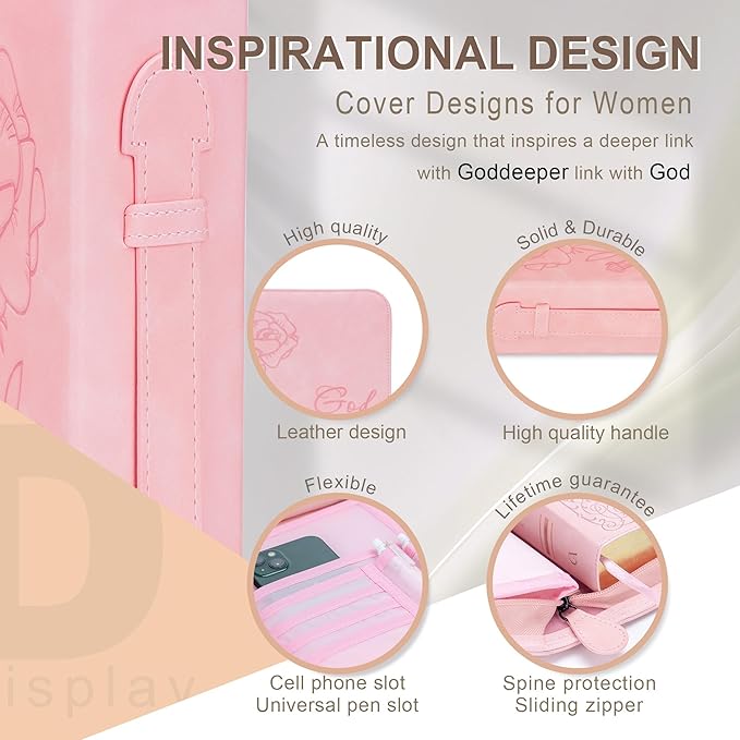 GUEER Bible Cover for Women, Bible Holder, Bible Cover Carrier Carrying Organizer Bag, Zipper and Pockets for Standard Size Bible, Gift for Women(Leather-Pink)