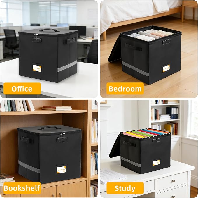Medium Next of Kin Box Organizer with Smart Labels, Fireproof Foldable File Organizer with Combination Lock, 10 Hanging Files and 20 Category Labels for Label Documents,(M:13 * 13 * 13in)