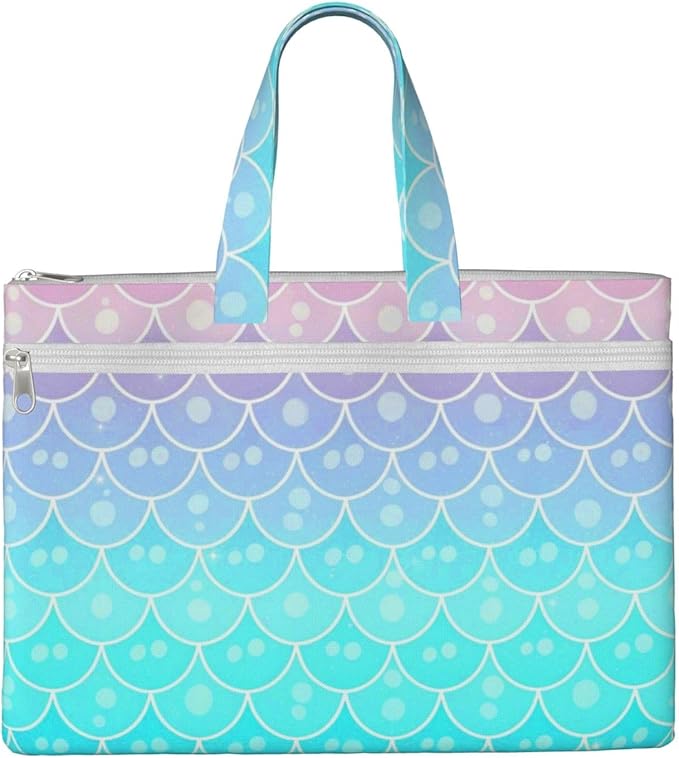 Canvas Zippered Document Bag with Handle, Waterproof Foldable File Storage Pouch Mermaid Scales Pastel Pink Purple Aqua Teal for Office Meetings
