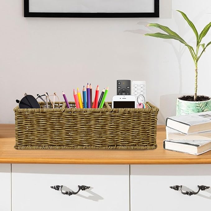 Remote Control Holder,Tv Remote Storage Basket,Handwoven Wicker Basket with 3 Compartments,Desk Caddy,Cosmetic & Night Stand Storage Box,Table Organizer for Office Supplies,Makeup Brush Holder