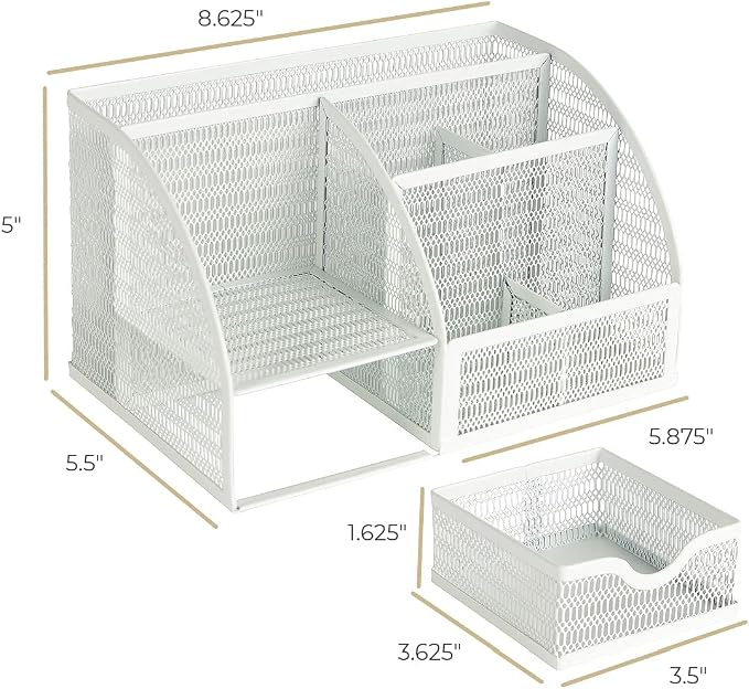 BLU MONACO | White Metal Mesh Desk Organizer with Drawer | 6-Compartment Desktop Storage for Office, School, Kitchen & Home | Modern Workspace Organizer for Pens, Papers, Supplies & Accessories