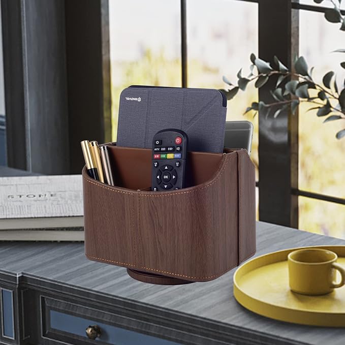 Brown 360 Degree Swiveling TV Remote Control Holder/Caddy, Leather Desk Organizer for Office and Home Furniture Decoration Storage Box(Dark wood grain)