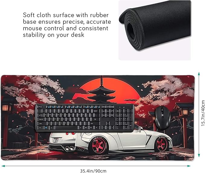 Large Car Mouse Pad 35.4 x 15.7 Inch, Extended Japanese Night Scene Desk Mat, Non-Slip Rubber Base, Washable Surface, Perfect for Gaming, Work & Aesthetic Desk Setup